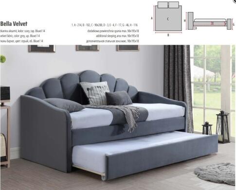 Кровать SIGNAL BELLA Velvet Bluvel 14 серый 90/200