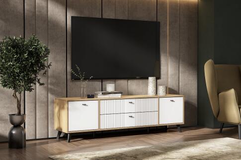 Тумба для ТВ SV-МЕБЕЛЬ (МС Милан К) Дуб Золотой/Белый матовый, с ящиками