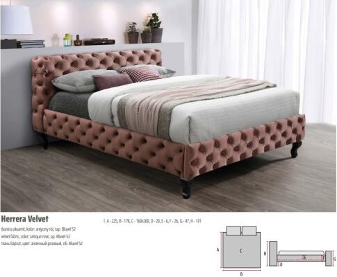 Кровать SIGNAL HERRERA Velvet Bluvel 52 античный розовый/венге 160/200