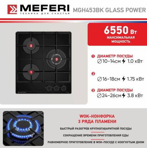 Варочная панель газовая MEFERI MGH453BK GLASS POWER