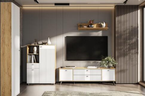 Тумба для ТВ SV-МЕБЕЛЬ (МС Милан К) Дуб Золотой/Белый матовый, с ящиками