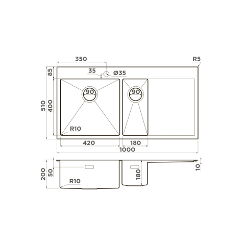 Кухонная мойка из нержавейки Omoikiri Akisame 100-2-GM-L вороненая сталь