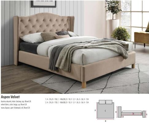 Кровать SIGNAL ASPEN Velvet Bluvel 28 бежевый/дуб 160/200