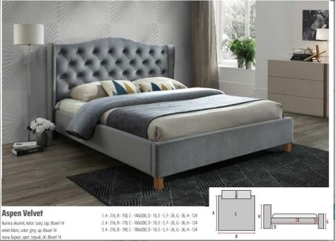 Кровать SIGNAL ASPEN Velvet Bluvel 14 серый/дуб 180/200