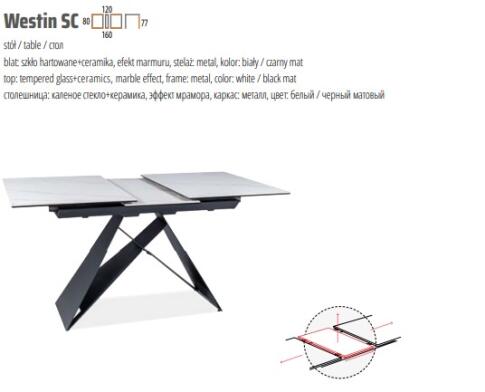 Стол обеденный SIGNAL WESTIN SC эффект белого мрамора/черный мат 120-160/80