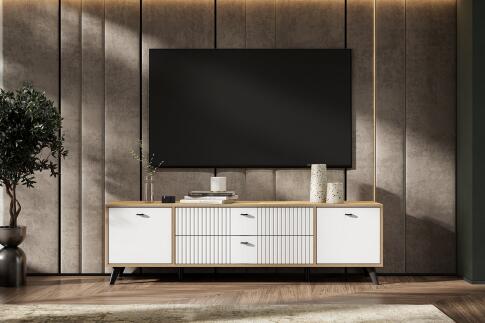 Тумба для ТВ SV-МЕБЕЛЬ (МС Милан К) Дуб Золотой/Белый матовый, с ящиками