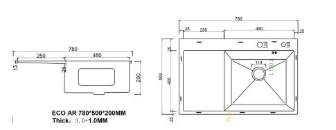 Мойка ARFEKA ECO AR 780*500 R BLACK PVD NANO