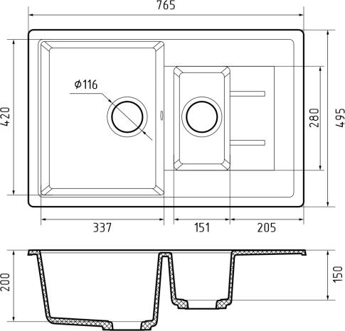 Кухонная мойка GRANFEST QUADRO Q-775KL черный