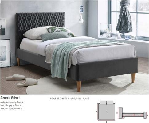 Кровать SIGNAL AZURRO Velvet Bluvel 14 серый/дуб 90/200